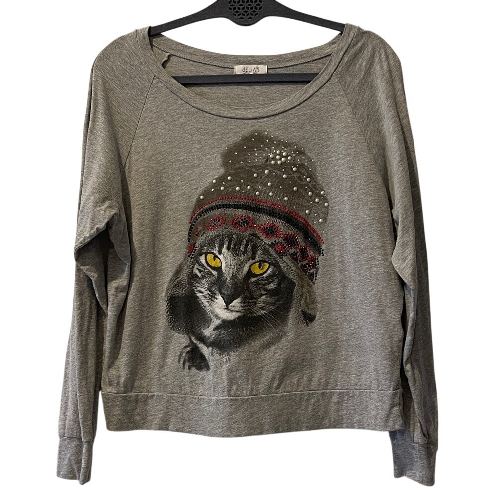 Delia's Gray Long Sleeve Tee Cat in Beanie Medium